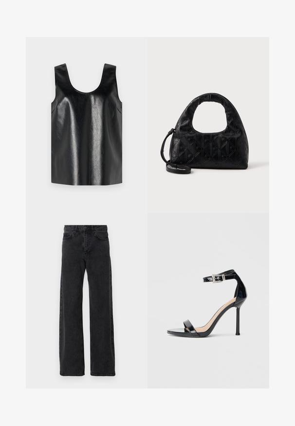 Schwarzes ärmelloses Oberteil aus glänzendem, strukturiertem Material mit rundem Halsausschnitt und seitlichen Taschen, das ein minimalistisches Design aufweist.; Schwarze Denim-Jeans mit weitem Bein, klassischen fünf Taschenstil, Knopfverschluss und subtiler Waschung.; Schwarzer Riemchensandale aus Lackleder mit hohem Absatz und Knöchelriemen. Verfügt über ein minimalistisches Design, offene Zehenpartie und eine Schnalle mit Strassakzenten.; Schwarze Lederhandtasche mit einem geschwungenen Schultergriff, subtilen Rautenmuster und einem abnehmbaren Schulterriemen. Die Textur ist glatt mit geprägten Details.