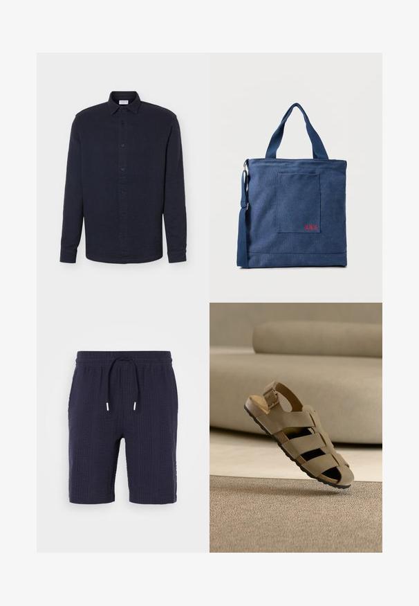 Chemise bleu marine à manches longues avec boutons, col, tissu texturé et poignets standards, présentée sur un fond blanc uni.; Shorts navy avec un motif texturé, taille élastique et cordon de serrage. Présente une coupe décontractée et une longueur au-dessus du genou.; Sandale beige avec bride à boucle réglable et semelle noire, posée sur un tapis texturé dans une pièce aux tons neutres.; Sac fourre-tout en toile bleue avec poche frontale et broderie rouge "O.N.S", doté de doubles poignées et d'une bandoulière réglable.