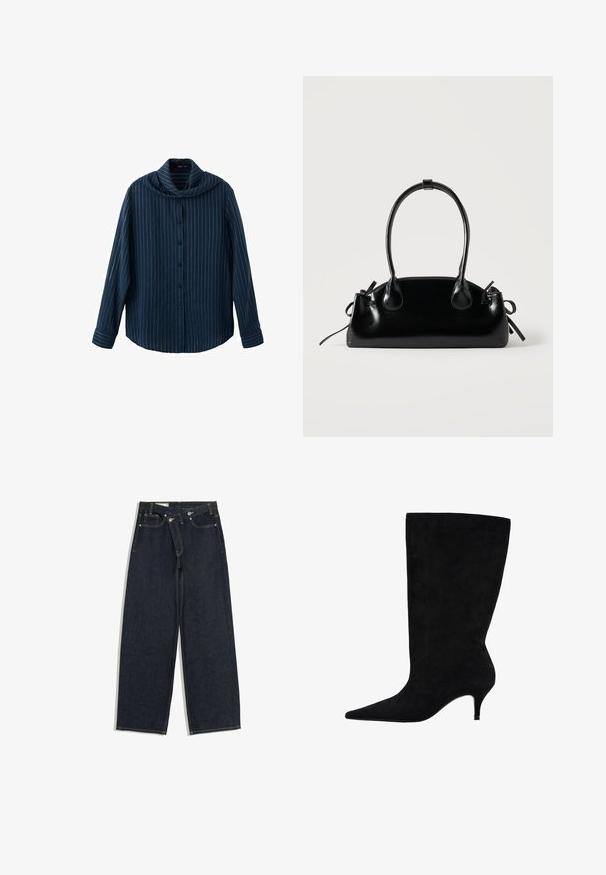 Chemise bleu marine à manches longues avec des rayures verticales blanches fines et un col large drapé.; Jean denim bleu foncé à jambes larges avec fermeture à double bouton, poches avant et coutures visibles, posé à plat sur fond blanc.; Bottine en daim noir avec un bout pointu, un talon fin de 5 cm et une texture lisse, dotée d'une tige haute.; Petit sac à main noir brillant avec deux longues anses et des détails à cordon sur les côtés sur un fond clair uni.