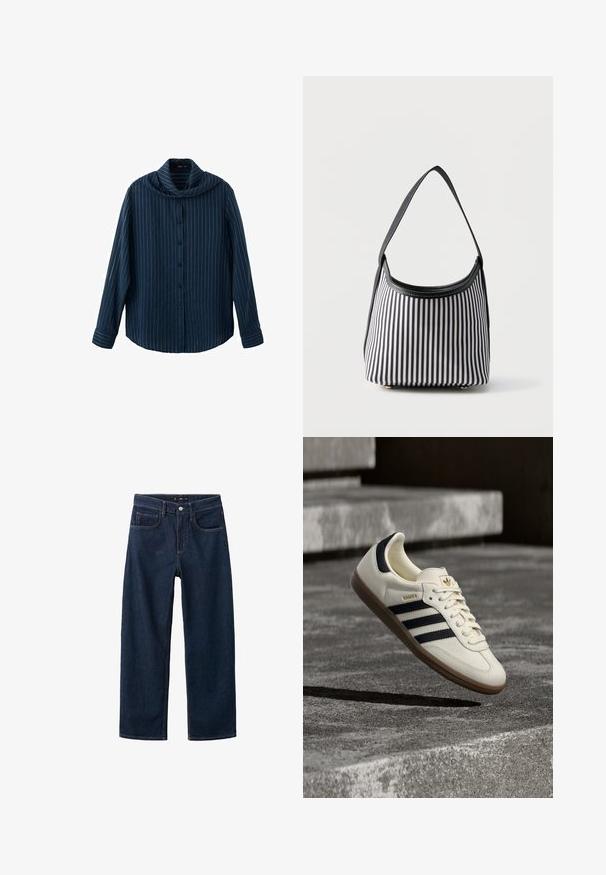 Marineblaue, langärmlige Hemdjacke mit weißen vertikalen Nadelstreifen und einem breiten, drapierten Kragen.; Dunkelblaue Jeans mit geradem Bein, im klassischen Fünf-Taschen-Stil, sichtbaren Nähten und einem Knopfverschluss an der Taille.; Weißer Adidas Samba Sneaker mit schwarzen Streifen und Gummisohle, schwebend über strukturierten grauen Betontreppen.; Schwarz-weiß vertikal gestreifte Handtasche mit einem schwarzen Riemen und abgerundetem oberen Öffnung vor einfachem Hintergrund.