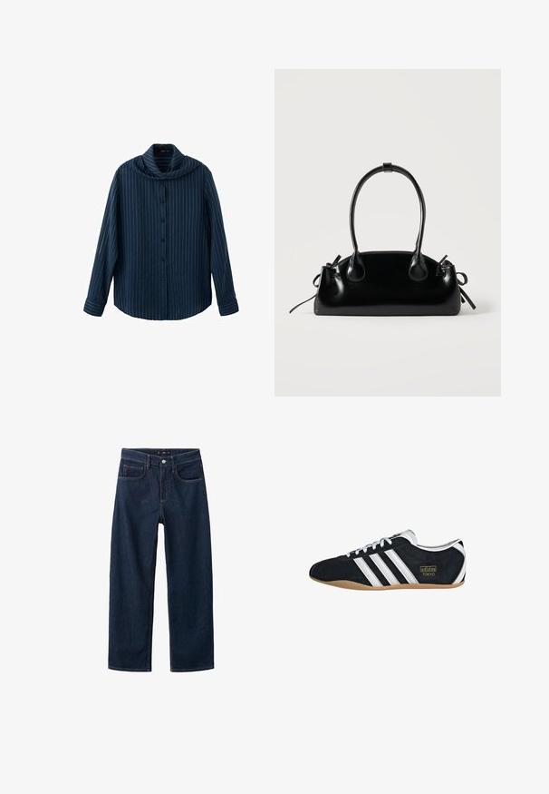 Marineblå langærmet skjorte med knapper, hvide lodrette nålestriber og en bred, draperet krave.; Mørkeblå denim jeans med et lige ben-design, der har en klassisk fem-pockets stil, synlig syning og en knaplukning i taljen.; Sort ruskinds sneaker med hvide tre striber, guldlogo og en brun gummisål. Har et lavprofil snørebåndsdesign.; Lille sort blank håndtaske med to lange håndtag og snøre-detaljer i siden på en ensfarvet lys baggrund.