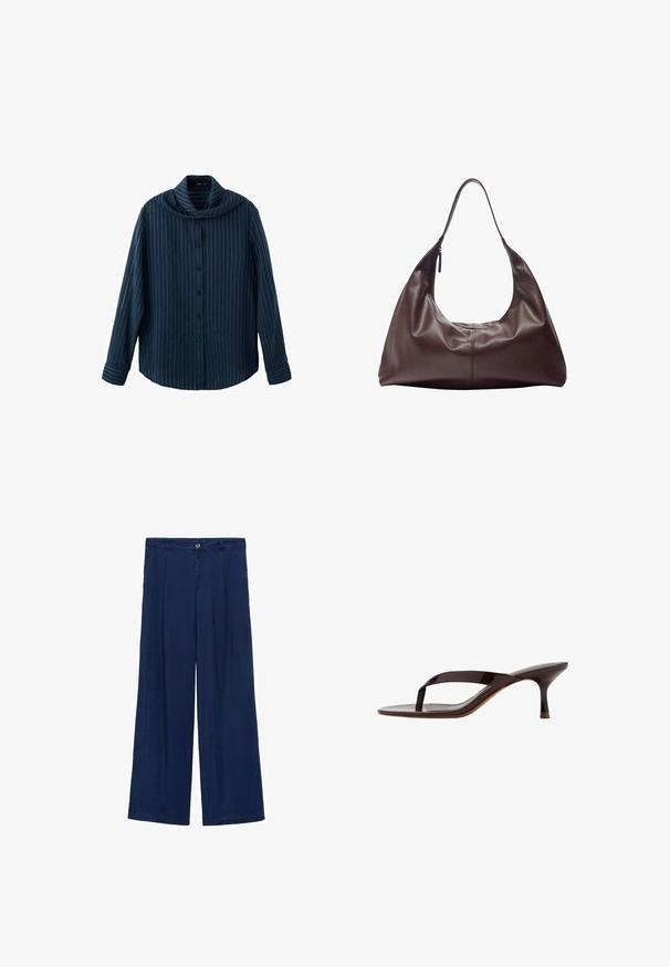 Marineblå langærmet skjorte med knapper, hvide lodrette nålestriber og en bred, draperet krave.; Marineblå vide benbukser med knaplukning, to for-pleats og en glat tekstur. Stoffet virker let og åndbart.; Sort laklæder sandal med tårem og en slank mellemhøj kittenhæl, vist fra siden på en hvid baggrund.; Mørkebrun læder skuldertaske med en enkelt strop og en lynlås på den ene side, blød og slasket struktur samt glat tekstur.