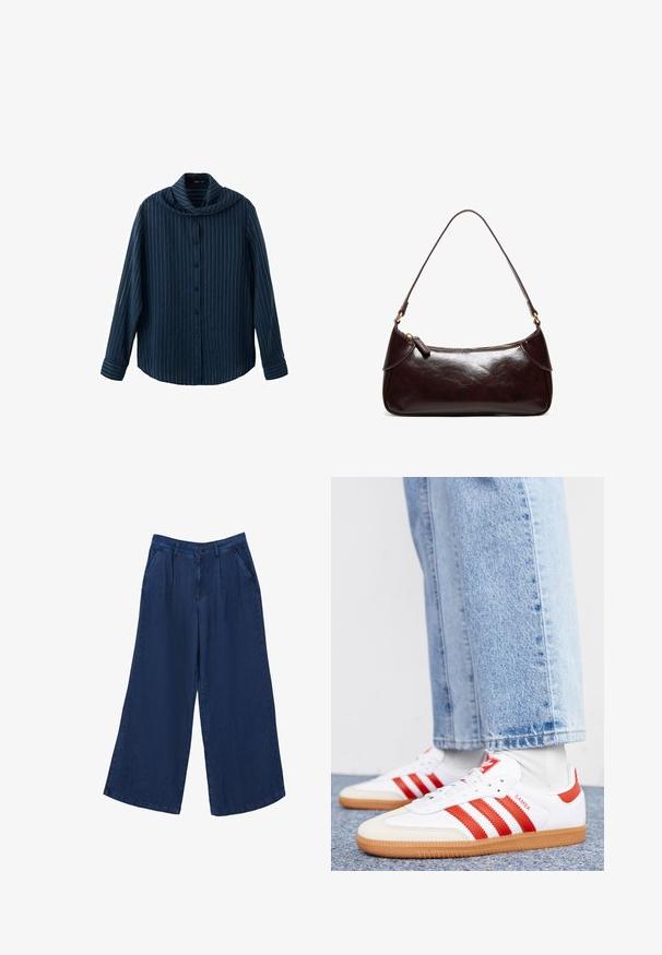 Marineblaue, langärmlige Hemdjacke mit weißen vertikalen Nadelstreifen und einem breiten, drapierten Kragen.; Weite Jeanshose in Dunkelblau. Sie verfügt über zwei Fronttaschen, einen Knopfverschluss und hat eine glatte Textur mit einem leichten Stoff.; Weiße Leder Sneaker mit roten Streifen und Akzenten. Verfügt über eine strukturierte Gummi-Laufsohle und einen gepolsterten Schaft. Tragen mit hellblauer Jeans.; Dunkelbraune Lederschultertasche mit einem Riemen und Reißverschluss, rechteckige Form mit abgerundeten Kanten vor weißem Hintergrund.