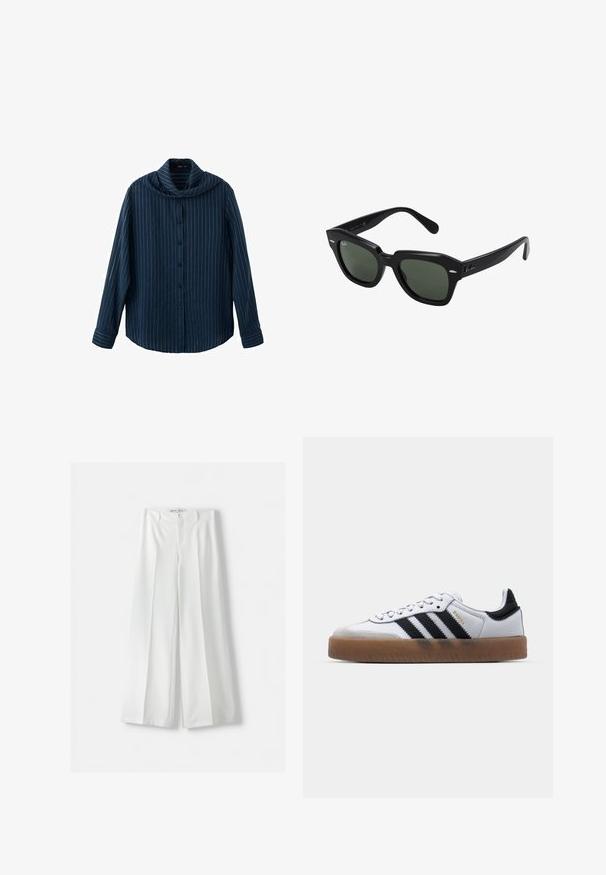 Chemise bleu marine à manches longues avec des rayures verticales blanches fines et un col large drapé.; Pantalons amples blancs avec une taille haute, un pli central et une fermeture à bouton classique. Fabriqués dans un tissu lisse avec un design ajusté.; Baskets en cuir blanc avec des rayures noires, semelle extérieure en caoutchouc beige, bout rond, fermeture lacée et embout en suède gris doux.; Lunettes de soleil carrées noires avec des verres vert foncé, présentant des montures audacieuses et des accents argentés sur les côtés. Fabriquées en Italie.