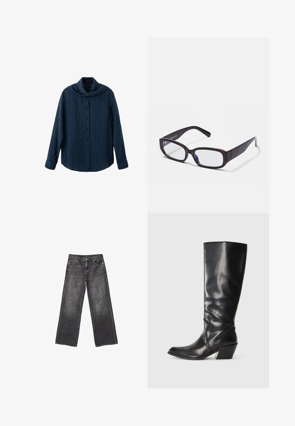 Marineblå langærmet skjorte med knapper, hvide lodrette nålestriber og en bred, draperet krave.; Mørkegrå denim jeans med vid ben, front- og baglommer, knaplukning og diskrete slidte detaljer.; Sorte læder knæhøje støvler med spids tå, vinklet hæl og glat tekstur. Funktioner en subtil syning langs siden.; Brune skildpadde-rektangulære briller med klare linser og slanke arme, der viser en glat tekstur og minimalistisk design.