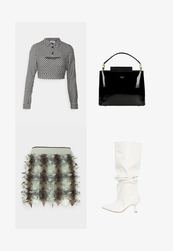 Noisy May Petite NMERIK OVERLAY - Blouse - black; Jupe froncée vert menthe avec un design en cage, ornée de motifs à carreaux marron et de bords effilés. Taille élastique pour un bon ajustement.; Botte blanche ample en cuir mi-mollet avec bout pointu et talon bas courbé, présentée sur un fond blanc uni.; Sac à main en cuir verni noir avec un design structuré, comportant une poignée supérieure, des accents en métal doré et un petit rabat à l'avant.