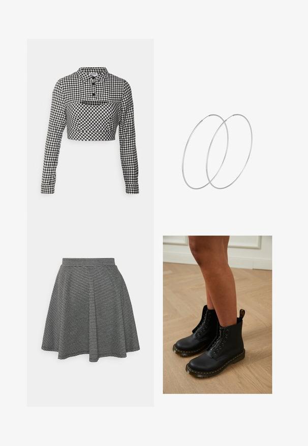Noisy May Petite NMERIK OVERLAY - Blouse - black; Jupe patineuse à carreaux noir et blanc avec une taille ajustée et un ourlet évasé, fabriquée en tissu texturé affichant un motif classique.; Bottines en cuir noir avec fermeture éclair et design à lacets, arborant des coutures jaunes et une semelle épaisse et texturée.; Boucles d'oreilles en argent au design minimaliste. Forme circulaire, texture lisse et profil fin. Légères avec une finition polie.
