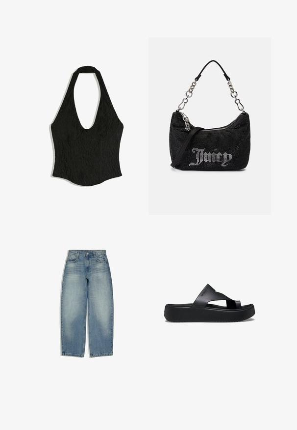 Schwarzes Spitzentop mit Neckholder, tiefem Rundhalsausschnitt und taillierter Passform, flach auf weißem Hintergrund dargestellt.; Hellblaue Denim-Jeans mit hoher Taille, weitem Bein, Vordertaschen und einem Knopf- und Reißverschluss, flach auf einem weißen Hintergrund ausgelegt.; Schwarze Plattform-Flip-Flops mit einer strukturierten Gummisohle, die ein Kreuzriemen-Design und eine matte Oberfläche aufweisen. Das Markenlogo ist dezent an der Seite angebracht.; Schwarze Tasche mit Strassverzierungen, gebogener Form und silberner Kettenhandgriff. Verfügt über einen Reißverschluss und das "Juicy"-Logo in Weiß.