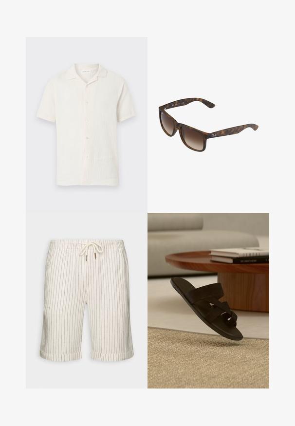 Chemise blanche à manches courtes boutonnée, en tissu texturé avec un petit col pointu, affichée sur un fond clair uni.; Shorts en mélange de lin couleur beige clair avec de légères rayures verticales marron. Dotés d'une taille élastique avec cordon de serrage et d'ourlets roulés.; Sandale noire à bout ouvert avec des brides croisées flottant au-dessus d’un tapis beige texturé dans un salon moderne.; Lunettes de soleil en écaille de tortue avec des verres dégradés bruns, de forme rectangulaire, avec des montures épaisses et un accent de logo en argent sur le côté.