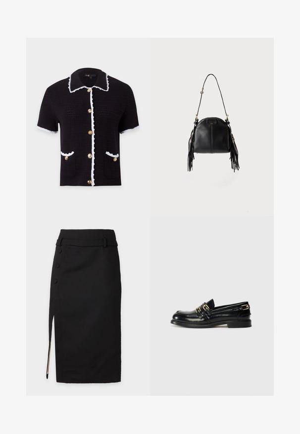 Cardigan en maille noir à manches courtes avec bordure blanche, boutons dorés sur le devant, deux poches avant et un large col avec bord blanc.; Jupe crayon noire taille haute avec fente latérale, trois boutons recouverts et détail de passants de ceinture assortis à la taille.; Mocassins en cuir noir avec une finition brillante, dotés de deux boucles dorées et d'un talon bas. Texture lisse avec un design à bout arrondi.; Sac à main en cuir noir avec une forme courbée, une longue bandoulière réglable et des franges de chaque côté sur un fond clair.