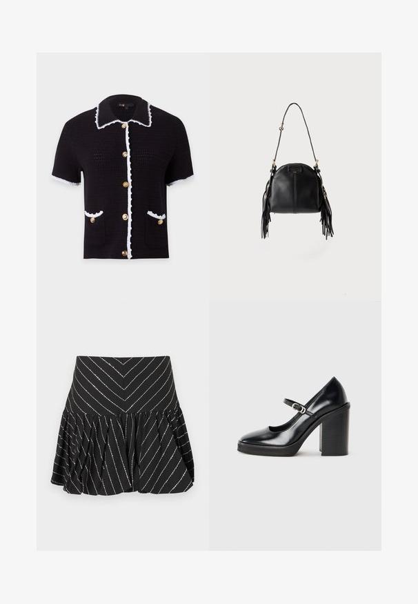 Cardigan en maille noir à manches courtes avec bordure blanche, boutons dorés sur le devant, deux poches avant et un large col avec bord blanc.; Mini-jupe évasée noire avec des rayures diagonales argentées et une couture froncée sous la ceinture pour plus de volume et de texture.; Chaussure à talon haut en cuir verni noir avec un bout rond, une sangle de cheville, un détail de boucle en argent et un talon bloc épais.; Sac à main en cuir noir avec une forme courbée, une longue bandoulière réglable et des franges de chaque côté sur un fond clair.