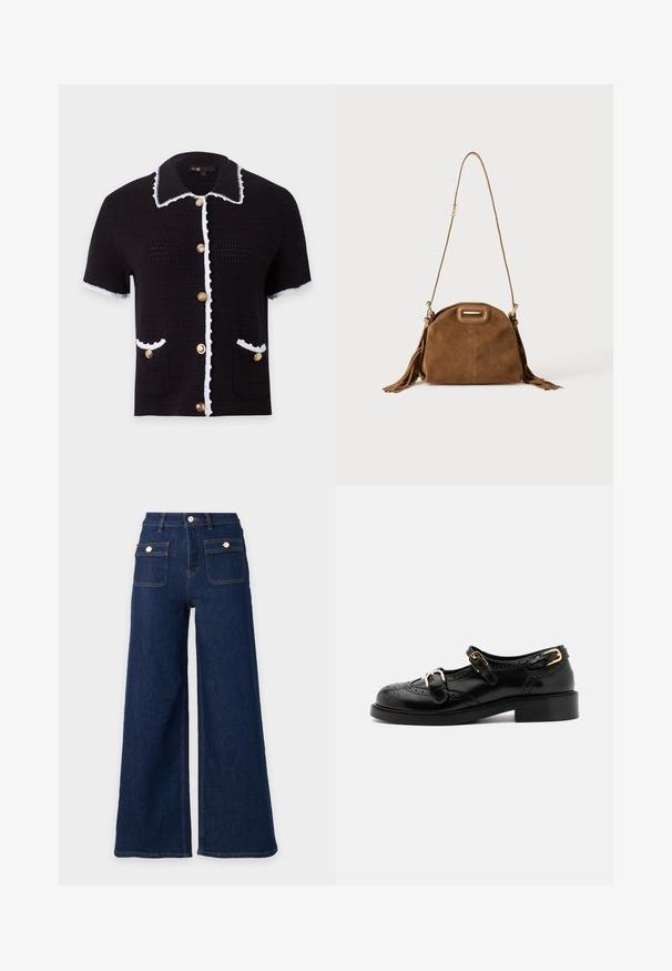 Sort kortærmet strikket cardigan med hvide kanter, guldknapper foran, to forlommer og en bred krave med hvide kanter.; Mørkeblå vidde denimjeans med høj talje og to frontlommer med klap og knaplukning.; Sorte lædersko med brogue-detaljer, der har to spænder, rund tå og lav hæl. Glat tekstur med blank finish.; Brun ruskind skuldertaske med lang rem, rektangulært håndtagsudskæring og kvastdetaljer på siderne mod hvid baggrund.