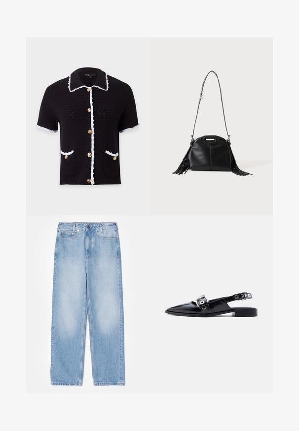 Cardigan en maille noir à manches courtes avec bordure blanche, boutons dorés sur le devant, deux poches avant et un large col avec bord blanc.; sandro Jean droit - bleu jean; Ballerine pointue en cuir verni noir avec double boucle argentée et talon slingback sur fond blanc.; Sac à main en cuir noir avec longue bandoulière, petite poignée supérieure et franges sur les deux côtés, présenté sur un fond uni.