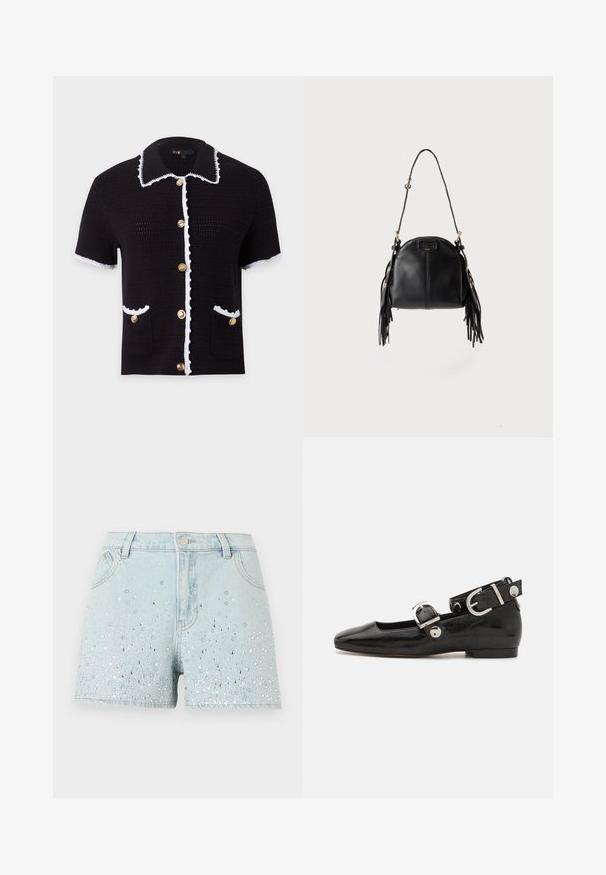 Cardigan en maille noir à manches courtes avec bordure blanche, boutons dorés sur le devant, deux poches avant et un large col avec bord blanc.; Shorts en denim bleu clair avec des ornements en strass argentés et blancs dispersés sur le devant, dotés de passants pour ceinture, d'un bouton et de poches.; Ballerine en cuir verni noir avec un bout carré, sangle de cheville avec des détails en métal argenté et semelle plate. Texture lisse avec un design minimaliste.; Sac à main en cuir noir avec une forme courbée, une longue bandoulière réglable et des franges de chaque côté sur un fond clair.