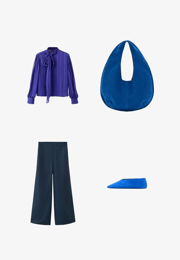 Blouse violette transparente à rayures verticales, détail de lien au col, manches longues bouffantes et poignets boutonnés. Texture lisse et coupe ample.; Pantalon large bleu marine avec une taille élastique. Confectionné dans un tissu lisse et léger, doté d'une silhouette décontractée et sans coutures visibles.; Chaussure plate en daim bleu avec bout pointu et semelle profilée basse, vue de côté sur fond blanc.; Sac hobo en tissu bleu doux avec une forme arrondie en croissant et une large ouverture pour la poignée au centre supérieur.