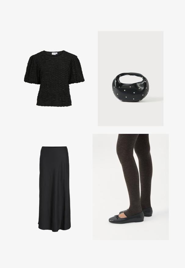 Haut noir à manches courtes avec un design texturé et froncé. Col rond et coupe ample. Le tissu semble doux et légèrement extensible.; Jupe longue noire en tissu lisse et léger. Présente une silhouette simple en ligne A avec un ourlet légèrement évasé et sans fermetures visibles.; Jambes portant des leggings côtelés foncés associés à des ballerines noires avec de petits détails en nœud sur fond blanc.; Sac à main en cuir noir de forme arrondie, décoré de clous argentés et équipé d'une poignée courte. Texture lisse et fermeture éclair.