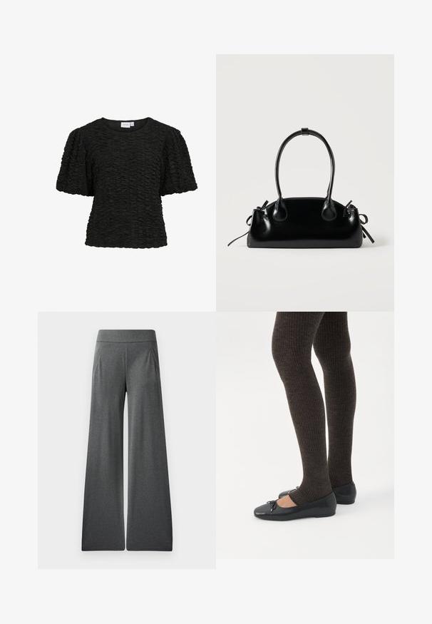 Sort kortærmet top med en tekstureret, rynket design. Rund halsudskæring og løs pasform. Stoffet ser blødt og lidt strækbart ud.; Grå vide bukser med flad talje, folder foran og en glat tekstur, designet til komfort og bevægelsesfrihed.; Ben iført mørke ribbede leggings kombineret med sorte balletsko med små sløjfedetaljer på hvid baggrund.; Lille sort blank håndtaske med to lange håndtag og snøre-detaljer i siden på en ensfarvet lys baggrund.