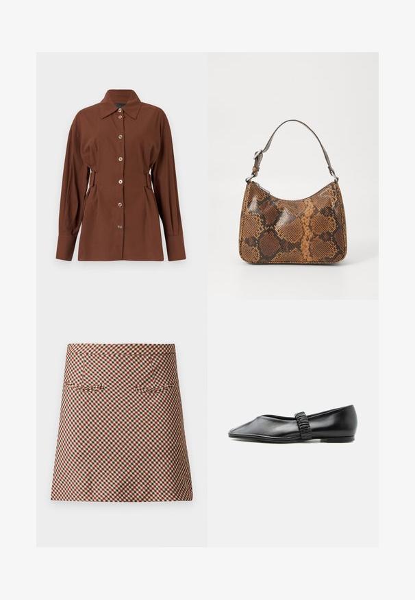 Chemise marron à manches longues avec boutons sur le devant, col large et détails de boucles latérales réglables, présentée sur un fond uni.; Jupe courte en tartan avec un motif à carreaux en rouge, noir et crème. Elle a une texture lisse et deux poches avant.; Chaussure plate en cuir noir avec une bride froncée sur le dessus et un bout légèrement pointu, présentée sur un fond uni.; Petit sac à main avec un motif en peau de serpent marron et noir, courroie courte et ajustable, et fermeture éclair.