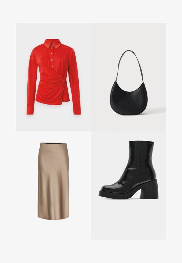 Rote Bluse mit langen Ärmeln, klassischem Kragen, goldenen Knöpfen vorne und einem gerafften, drapierten Detail an einer Seite der Taille.; Brauner Satin-Midirock mit glatter Textur, gerader Silhouette und einem elastischen Bund für Komfort. Keine sichtbaren Muster oder Akzente.; Schwarze Stiefeletten mit glänzender Oberfläche, quadratischer Zehenpartie und dicker Blockabsatz. Das Design zeichnet sich durch eine nahtlose Silhouette und minimalistische Markenkennzeichnung aus.; Schwarze Leder-Schultertasche in halbmondförmigem Design mit einem einzelnen Trageriemen und dezent geprägtem Markennamen auf einfarbig hellem Hintergrund.