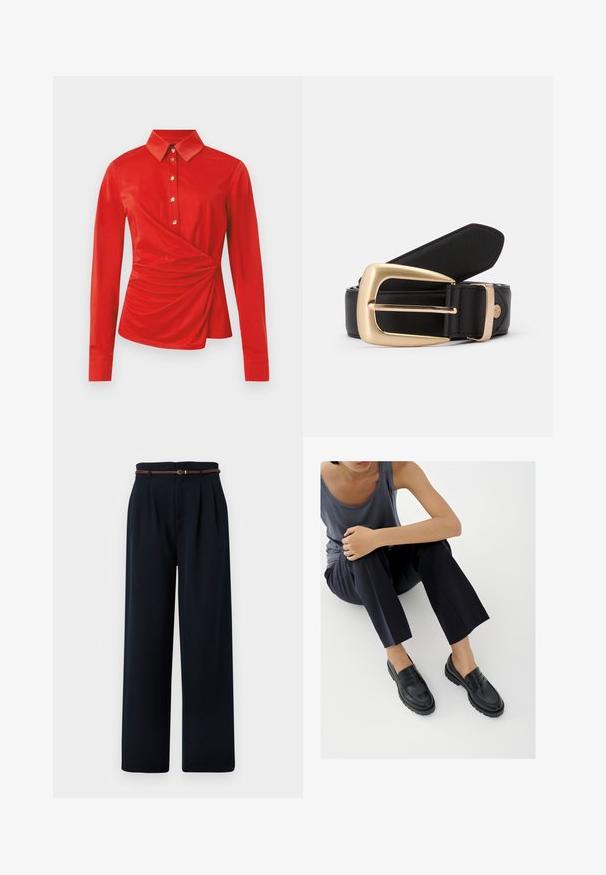 Rode blouse met lange mouwen, een klassieke kraag, gouden knopen aan de voorkant en een geplooid drapeerdetail aan één zijde bij de taille.; Zwarte hoogtailored, wijde broek met plooien en een dunne, bruine gevlochten riem, weergegeven op een witte achtergrond.; Zwarte leren loafers met textuurelementen, lage hak, ronde neus en zichtbare stiksels. Model draagt donkere broek en een grijze top.; Zwarte leren riem met een gouden rechthoekige gesp. De riem heeft een gladde textuur en een subtiele stikselafwerking langs de randen.