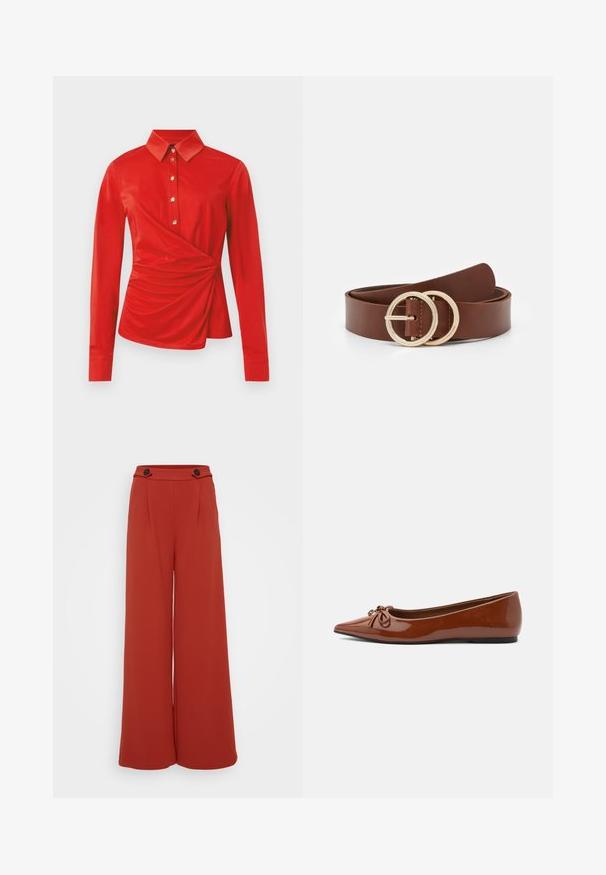 Blouse rouge à manches longues avec un col classique, des boutons dorés sur le devant, et un détail drapé froncé sur un côté à la taille.; Pantalon large taille haute couleur rouille avec deux boutons foncés à la taille sur fond blanc.; Ballerine pointue en cuir verni marron avec un détail nœud sur le dessus et une fine semelle noire.; Ceinture en cuir marron dotée de deux boucles circulaires en ton or, avec une texture lisse et un design minimaliste. La longueur et la largeur varient.