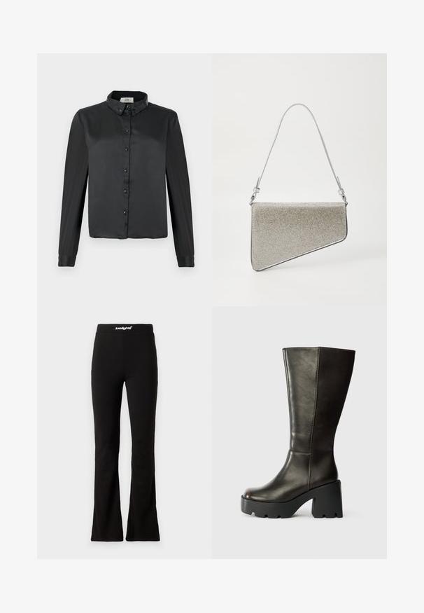 Sort langærmet bluse med en glat, blank tekstur, knaplukning foran og en palietkrave. Har matchende knapper og en skræddersyet pasform.; Sorte flaired leggings med en glat tekstur og elastisk talje, der har et hvidt logo. Designet til komfort og fleksibilitet.; Brune læderknæhøje støvler med rund tå, tyk sort platform og blokhæl. Har en glat overflade og minimale syninger.; Clutch taske med en trekantet form, dækket af sølvfarvet mesh-stof. Har en tynd, justerbar rem og metalhardware detaljer.