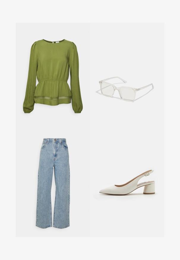 VILA VITRINE O NECK PEPLUM TOP - Blouse - calliste green; Lichtblauwe wijde denim jeans met hoge taille, sluiting met voorknop en rits, en vijfzakkenontwerp op een effen achtergrond.; Witte leren slingback pump met een spitse neus, middelhoge blokhak en verstelbare strap. Gladde textuur; minimalistisch ontwerp.; Heldere plastic vierkante monturen met doorzichtige glazen, gekenmerkt door gouden accenten op de slapen voor extra detail.