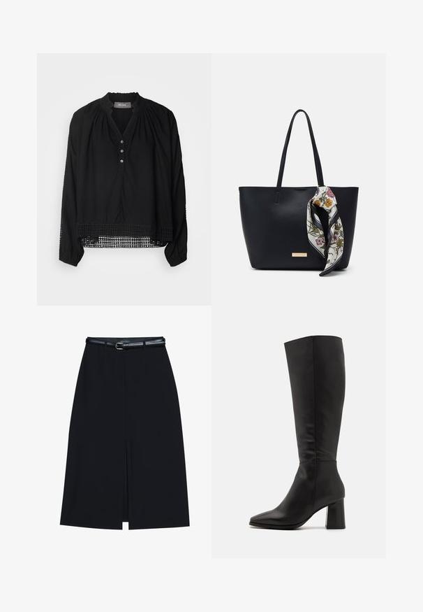 Zwarte blouse met lange mouwen, knopenfront en ronde halslijn. Kenmerkt zich door delicate kantdetails langs de onderste zoom en de manchetten. Glad stof.; Zwarte knie-lange rok met een vooraanstaande split, gemaakt van gladde stof. Heeft een dunne zwarte riem met een zilveren gesp en riemlussen.; Zwarte laarzen tot de knie, gemaakt van soepel leer. Kenmerken een spitse neus en een robuuste, gestructureerde blokhak. Minimale stikdetails.; Zwarte leren tote bag met twee schouderriemen, voorzien van een zijden sjaal met bloemenprint die aan de handgreep is geknoopt en een metallic logo-accent aan de voorkant.