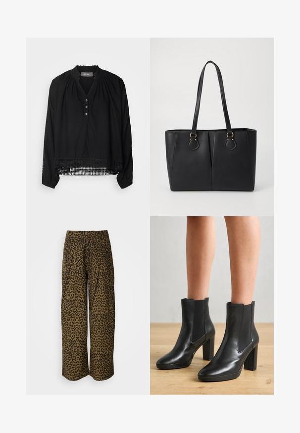 Blusa negra con mangas largas, abertura en la parte frontal y escote redondo. Presenta un delicado detalle de encaje en el dobladillo inferior y los puños. Tejido suave.; Pantalones de pierna ancha en un estampado de leopardo marrón y negro. Presenta una cinturilla alta y un diseño plisado. Tela suave con una textura lisa.; Botas de cuero negro hasta el tobillo con tacón cuadrado, que cuentan con paneles laterales elásticos, textura suave y un silueta elegante.; Bolso tote de cuero sintético negro con un acabado texturizado, dos asas largas y detalles en tono dorado en el lateral. Forma rectangular.