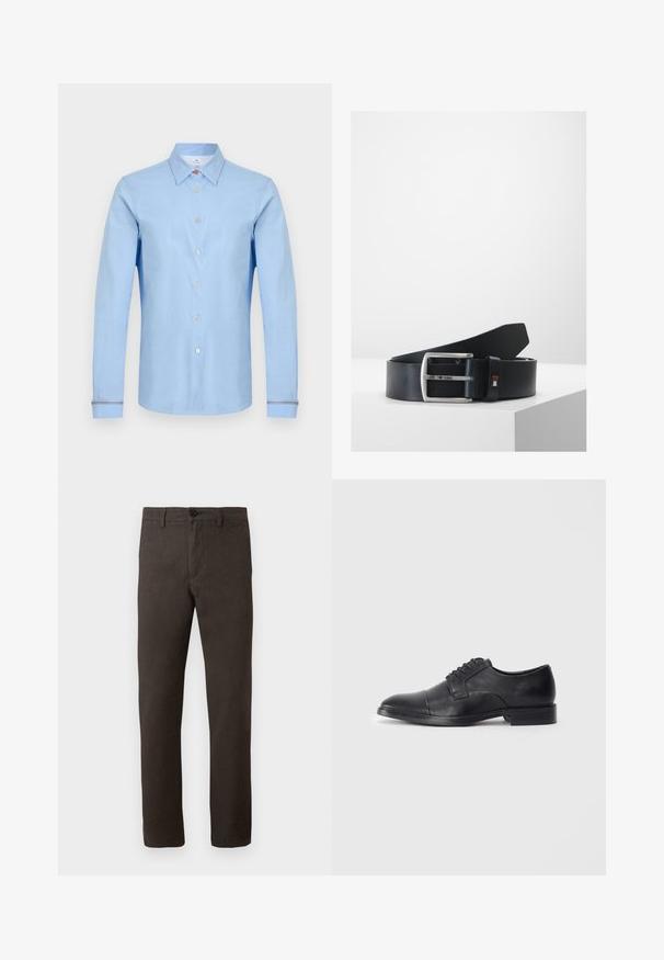 Chemise bleu clair à manches longues en coton. Dotée d'un col pointu, de boutons sur le devant et de détails à rayures contrastantes sur les poignets.; Pantalons bruns en tissu texturé, avec une coupe droite, une fermeture à bouton unique et un style minimaliste.; Chaussure habillée en cuir noir avec une finition lisse, bout arrondi et design à lacets ; présente des détails de couture sur le dessus et une semelle plate.; Ceinture en cuir noir avec une boucle rectangulaire en argent. La boucle présente un petit détail de logo et une texture lisse. Design simple et classique.