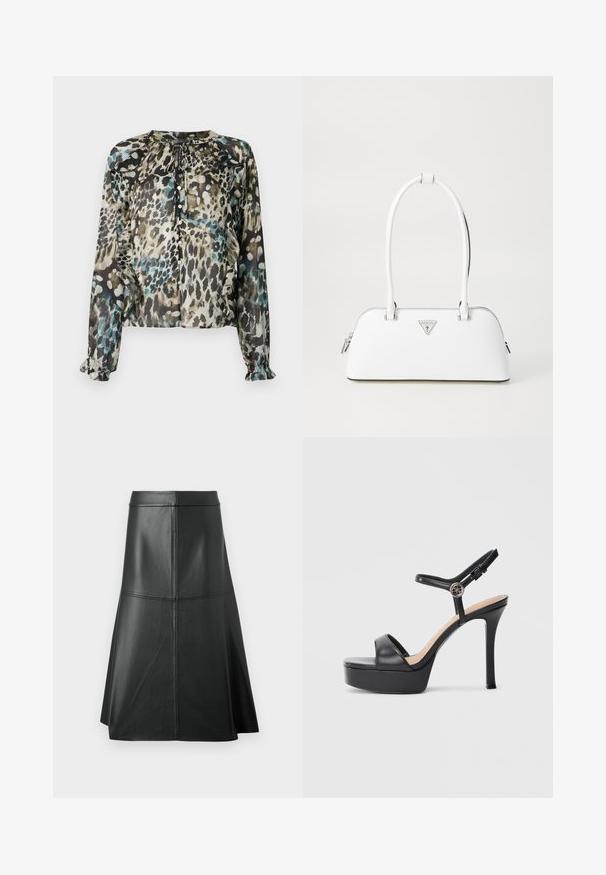 Doorzichtige blouse met lange mouwen in een meerkleurige luipaardprint, met een ronde halslijn, strikdetail en gerimpelde manchetten.; Zwarte leren A-lijn rok, met een gladde textuur, tot halverwege de kuit, met horizontale stikdetails in de taille en naden voor extra structuur.; Zwarte platformsandalen met een hoge naaldhak, voorzien van een glad leren bovenkant, een peep-toe ontwerp en een verstelbare enkelriem met beslag.; Witte leren handtas met een gebogen vorm, voorzien van een zilveren driehoekig logo en ritssluiting. Gladde textuur en dubbele handvaten.