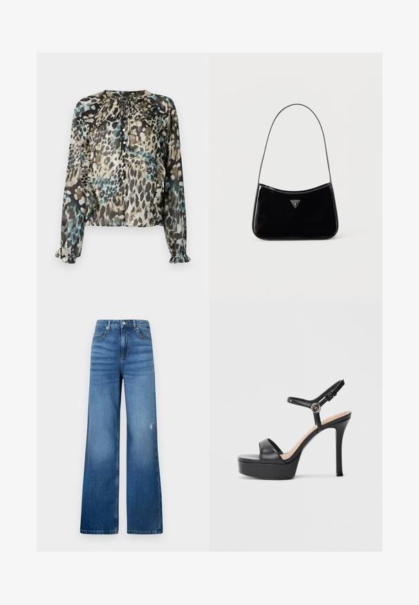 Transparente Bluse mit langen Ärmeln in einem mehrfarbigen Leopardenmuster, ausgestattet mit einem runden Ausschnitt, Bindeband und Rüschensaum.; Weite blaue Denim-Jeans mit einem leichten Verblassen, ausgestattet mit fünf Taschen und einem Standardbund mit Knopfverschluss. Sanfte Textur.; Schwarze Plateausandalen mit hohem Stiletto-Absatz, ausgestattet mit einem glatten Lederobermaterial, einem Peeptoe-Design und einem verstellbaren Knöchelriemen mit Metallbeschlägen.; Schwarze Schultertasche aus Lackleder mit schmalem Riemen, dreieckigem Guess-Logo vorne und einem Reißverschluss oben.