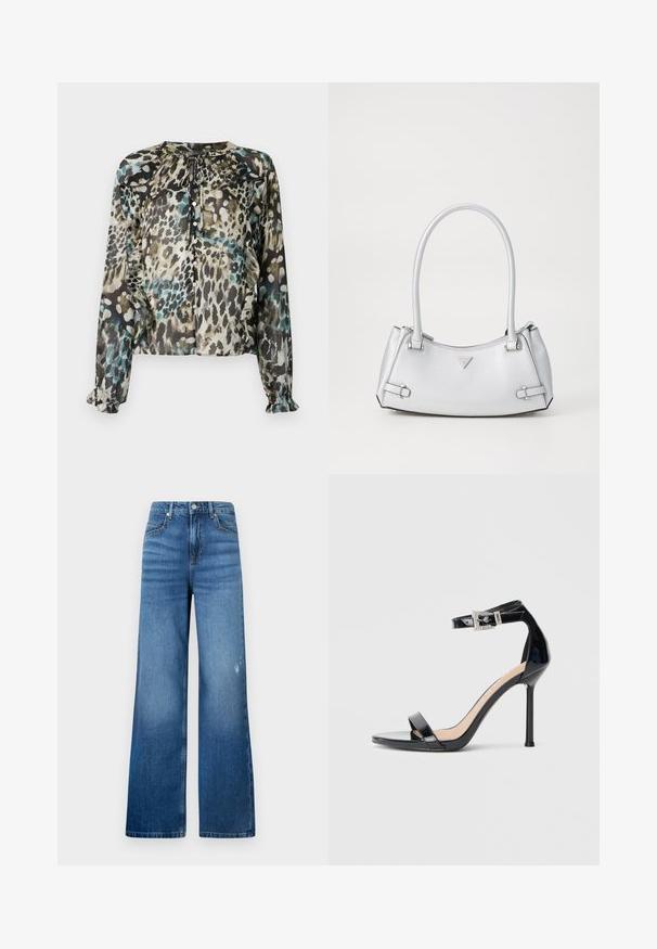 Gennemsigtig bluse med lange ærmer i et flerfarvet leopardmønster, der har en rund halsudskæring, bindebånd og flæser ved ærmerne.; Bredde ben i blå denimjeans med en lys vask, der har fem lommer og et standard taljebånd med en knaplukning. Glat struktur.; Sort højhælet sandal i laklæder med ankelrem. Har minimalistisk design, åben tå og spænde med rhinsten-detaljer.; Sølv håndtaske med et struktureret design, der har to håndtag, en skinnende overflade, accenthardware og et trekantet logo på fronten.