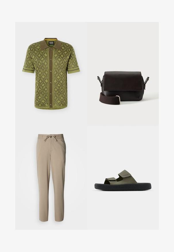 Kortemouws olijfgroen gebreid poloshirt met een geometrisch patroon, knoopsluiting aan de voorkant en een effen bruine kraag en knooplijst.; Beige broek gemaakt van een zachte stof, met een trekkoorden taille en een ontspannen pasvorm, rechte pijpen en zonder zichtbare zakken.; Groene rubberen sandalen met twee verstelbare banden en een gestructureerde zwarte zool met een profielpatroon. Merklogo zichtbaar op de band.; Donkerbruine leren schoudertas met klepsluiting en verstelbare stoffen riem op witte achtergrond.