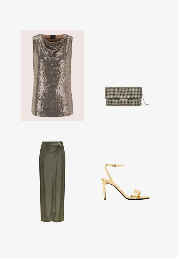Mouwloos metallic gouden pailletten top met een gedrapeerde halslijn en een merklabel aan de binnenkant van de kraag.; Metallisch olivegroene midi-skirt met een knoopdetail op de taille, gemaakt van een glanzende, rekbare stof die soepel valt.; Gouden, faux-krokodillenleren sandalen met hoge hakken, een enkelbandje, open teen, slanke stilettohak en een gladde, glanzende afwerking.; Rechthoekige zilveren clutchtas met een omgevouwen klep, bedekt met kleine strass-steentjes, en een kettingriem zichtbaar aan de rechterkant.