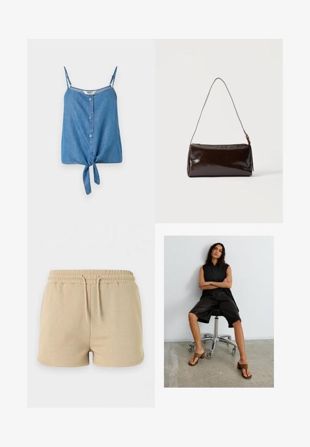 Top sans manches en denim avec bretelles ajustables, présentant un devant à boutons et un ourlet noué. Couleur bleu clair et texture douce.; Short beige en coton avec taille élastique et cordon à l’avant, conçu pour un usage décontracté.; Femme aux longs cheveux noirs assise sur une chaise de bureau noire, portant un haut sans manches noir, un short noir longueur genou et des sandales marron à talons.; Sac à bandoulière rectangulaire en cuir marron foncé avec une seule sangle fine et une boucle dorée sur un fond uni.
