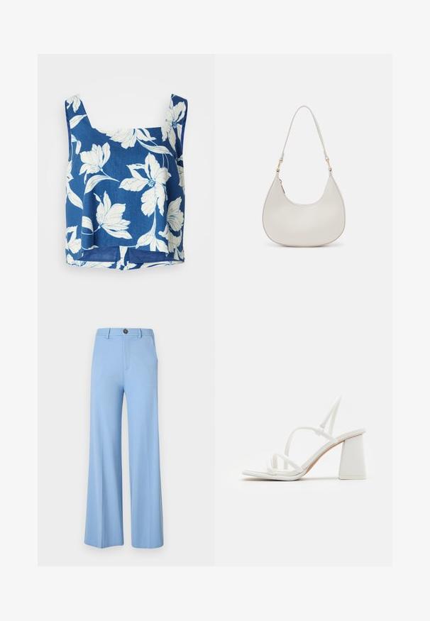 Blauw bloemen crop top met brede banden, met witte bloemenpatronen, een relaxed fit en een licht gebogen zoomlijn. Gemaakt van lichtgewicht stof.; Lichtblauwe wijd uitlopende broek gemaakt van een gladde stof, met een knoopsluiting en voorzakken. Schoon, op maat gemaakt ontwerp zonder patronen.; Witte sandalen met hakken, gekenmerkt door slanke bandjes, een vierkante neus en een chunky blokhak, met een gladde textuur en een minimalistisch ontwerp.; Crème leren schoudertas met een halve maan vorm, dunne schouderband en subtiele stiksels. Minimalistisch ontwerp met gouden hardware accenten.