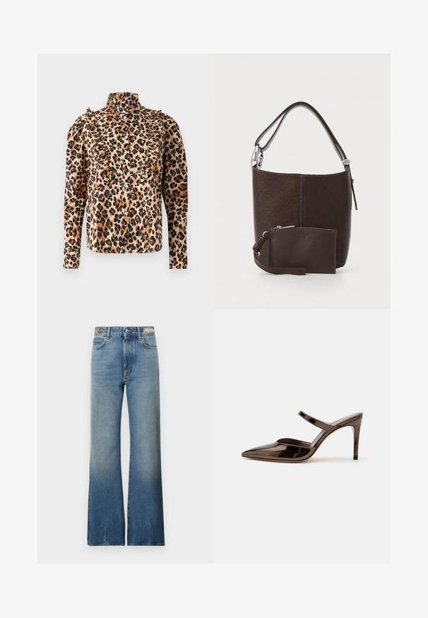 Slangeskindsbluse i beige med volangdetaljer, høj krave og knaplukning. Lange ærmer med samlede skuldre og sorte accenter.; Rabanne Jeans Straight Leg - denim stone; Skinnende mørkebrune mule med spids tå og høje hæle med en tynd rem over foden på en ensfarvet hvid baggrund.; Brun læder bucket taske med tekstureret overflade, der har en kortere rem og en matchende lynlåsgjort pung med håndledsrem.