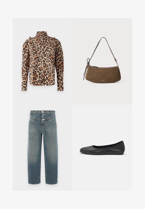Slangeskindsbluse i beige med volangdetaljer, høj krave og knaplukning. Lange ærmer med samlede skuldre og sorte accenter.; CLOSED STOVER X - Jeans Tapered Fit - mid blue; Sort læderballetsko med rund tå, glat tekstur, minimal syning og et fleksibelt såldesign.; Brun ruskind skuldertaske med kort rem, lynlås og subtile buede syninger.