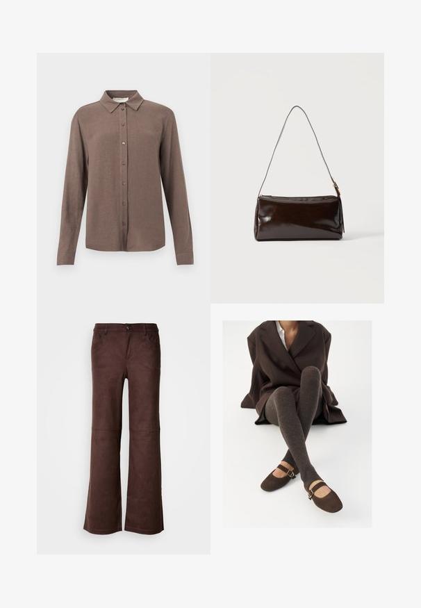 Chemise marron à manches longues avec col pointu, fermeture boutonnée à l'avant et texture douce. Design simple sans motifs ni ornements.; Pantalons évasés marron en tissu doux semblable à du daim. Comprend quatre poches, une fermeture à bouton et une surface lisse et texturée.; Des chaussettes marron côtelées jusqu'aux genoux associées à des ballerines en daim marron de type Mary Jane avec une sangle décorative et une boucle, portées avec un manteau sombre.; Sac à bandoulière rectangulaire en cuir marron foncé avec une seule sangle fine et une boucle dorée sur un fond uni.