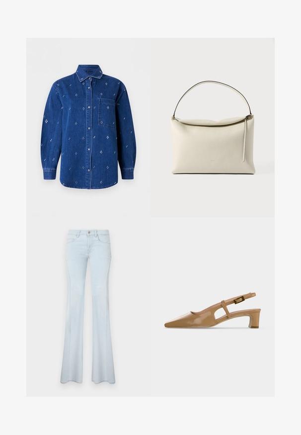Camisa de mezclilla azul con botones, mangas largas, cuello, bolsillo en el pecho y un pequeño patrón de bordado en forma de cruz blanca por todo el tejido.; Jeans acampanados de color azul claro hechos de mezclilla. Incluyen cierre con botón, cinco bolsillos y costuras sutiles. Textura suave y piernas anchas.; Zapato slingback de charol beige con punta afilada, tacón bajo tipo bloque y tira ajustable con hebilla sobre fondo blanco.; Bolso de cuero color crema con una sola correa para el hombro, diseño minimalista y detalle de tirador de cremallera sobre un fondo liso.