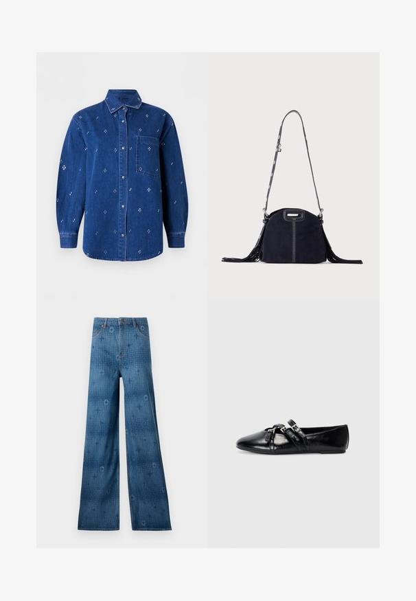 Blauw denim overhemd met knopen, lange mouwen, kraag, borstzak en een klein wit kruisvormig borduurpatroon over het hele shirt.; Wijd uitlopende denim jeans in donkerblauw, met een subtiel patroon over de hele stof en een klassieke vijf-pocketontwerp. De stiksels contrasteren met de stof.; Zwarte leren ballerina's met een spitse neus, twee decoratieve bandjes met zilveren gespen en een gladde, glanzende textuur.; Donkerblauwe suède handtas met witte stiksels, een uitgesneden handvat, een patroon schouderriem en lange franjes aan beide zijden.