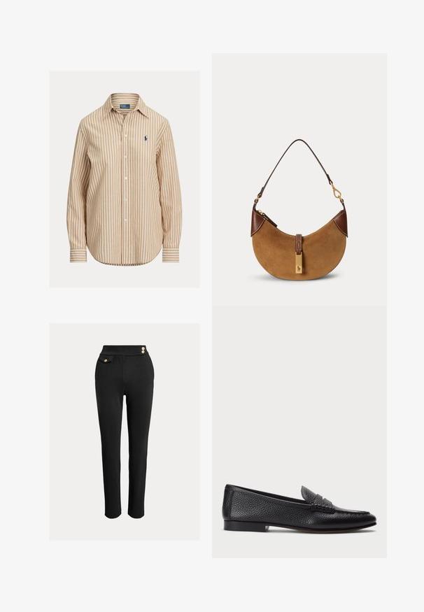 Prúžkovaná košeľa na zapínanie s vzorom v khaki a bielej farbe, dlhé rukávy, špicatý golier a malé logo na ľavej strane hrude. Bavlnená látka.; Čierne slim-fit nohavice s vysokým pásom, dekoratívnymi zlatými gombíkmi na páse a malou vreckom na pravej strane.; Čierne kožené loafers s textúrovaným povrchom, vybavené dekoratívnym pásikom a plochým podpätkom. Elegatný, minimalistický dizajn s okrúhlou špičkou.; Hnedá semišová kabelka v tvare polmesiaca s tmavohnedými koženými detailmi, zlatými kovaniami a krátkym ramenným popruhom.