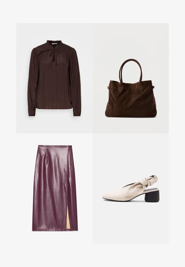 Blouse marron à manches longues avec un décolleté en forme de trou de serrure, texture plissée, épaules smockées et poignets froncés. Tissu léger et fluide.; Jupe crayon en simili cuir bourgogne avec une fente sur le côté, texture lisse et détails de couture, présentant une silhouette ajustée et une coupe à la longueur des genoux.; Chaussure beige à talon bas pour femme avec un bout pointu et une sangle torsadée sur le cou-de-pied et le talon.; Sac en toile en daim marron avec deux longues poignées, accents ovales et un design spacieux. Texture douce et apparence minimaliste.