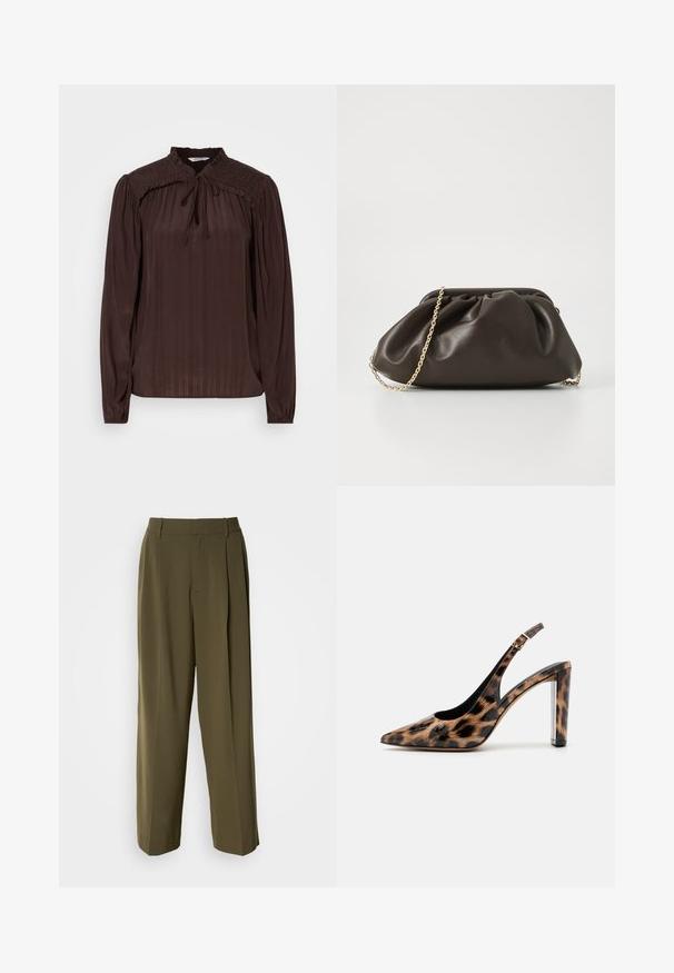 Bruine blouse met lange mouwen en een keyhole decolleté, geplooide textuur, smock-schouders en gathered manchetten. Lichtgewicht, vloeiende stof.; Olijfgroene wijde broek van een gladde stof, met een hoge taille, plooien aan de voorkant en zijzakken voor functionaliteit.; Leopardprint slingback pump met een spitse neus en een transparante blokhak. Gemaakt van glanzend materiaal met een gladde textuur.; Bruine leren handtas met een geaccentueerd ontwerp, gouden kettinghengsel en een zachte, textuurafwerking. Compacte vorm geschikt voor avondgebruik.
