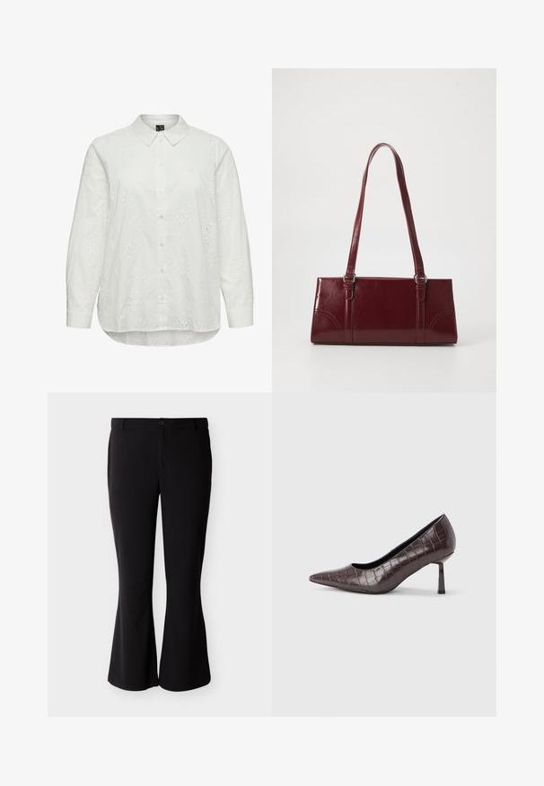 Blouse blanche à manches longues avec boutons, broderie florale en ajouré et col pointu.; Pantalon noir évasé en tissu lisse, doté d'une taille ajustée, de poches avant et d'une fermeture par un bouton unique.; Escarpins à bout pointu en similicuir marron avec une texture crocodile, dotés d’un talon fin et angulaire ainsi que d’une doublure intérieure lisse.; Sac à main bordeaux en matériau brillant, de forme rectangulaire, avec deux anses et des accents légèrement courbés à l'avant.