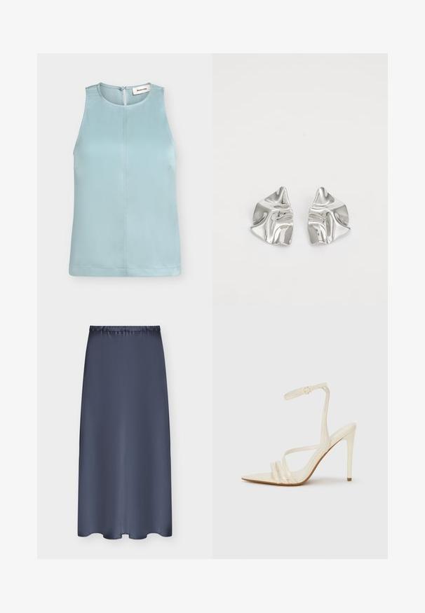 Blouse bleu clair sans manches avec col rond et fermeture boutonnée à l'arrière, avec une couture centrale à l'avant.; Jupe bleu marine mi-longue avec taille élastique et tissu lisse, présentée à plat sur un fond clair.; Sandales à talons hauts beiges avec un bout pointu, comportant trois brides à l'avant et une fine bride à la cheville avec une boucle. Texture lisse, design minimaliste.; Boucles d'oreilles en métal argenté avec un design ondulé et sculptural, présentant une finition polie et des formes irrégulières, mettant en valeur une esthétique contemporaine.