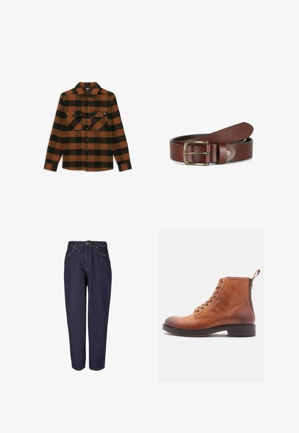 Langærmet skjorte i orange og sort ternet mønster, lavet af et tekstureret stof. Har to brystlommer og knaplukning foran.; Mørk denim jeans med lige ben design, der har traditionel fem-lomme stil, subtil guld syning og metal knaplukning.; Brun læder ankelstøvle med en glat finish, snørebånd foran, lynlås i siden og en rund tå. Flad gummisål og syet detaljer.; Brunt læderbælte rullet sammen med et rektangulært messing spænde og et syet bælteloop på hvid baggrund.
