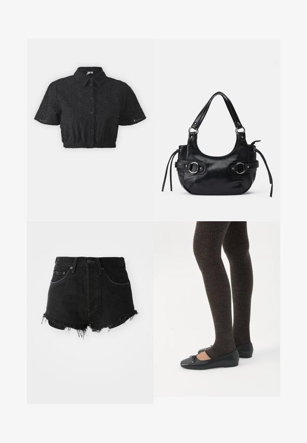 Sort beskåret skjorte med kravehalsudskæring, korte ærmer, knappet front og broderet blomsterdesign på tekstureret stof.; Sorte denim shorts med en frynset kant, klassisk fem-lomme design og metalknap lukning. Mor med høj talje og slidt tekstur.; Ben iført mørke ribbede leggings kombineret med sorte balletsko med små sløjfedetaljer på hvid baggrund.; Sort læderhåndtaske med en rund form, der har to sidelukninger, en glat tekstur og en kort skulderrem. Der er pynt i form af sidekæder.