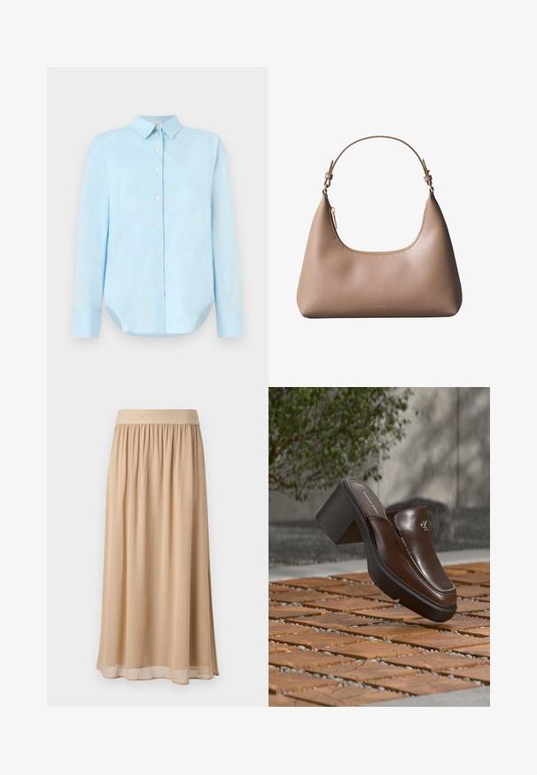 Lichtblauw overhemd met lange mouwen, een kraag, een afgeronde zoom en vijf knopen aan de voorkant; gemaakt van gladde, lichte stof.; Beige midi-rok met een brede elastische tailleband waarop de merknaam staat. Zacht, vloeiend materiaal met een gladde textuur en een eenvoudig ontwerp.; Bruine leren Calvin Klein mule met hak die boven houten tegelvloer zweeft met een vervaagde groene plant en muur op de achtergrond.; Beige leren schoudertas met korte handgreep, gebogen bovenrits en minimalistisch Calvin Klein-logo aan de voorkant.